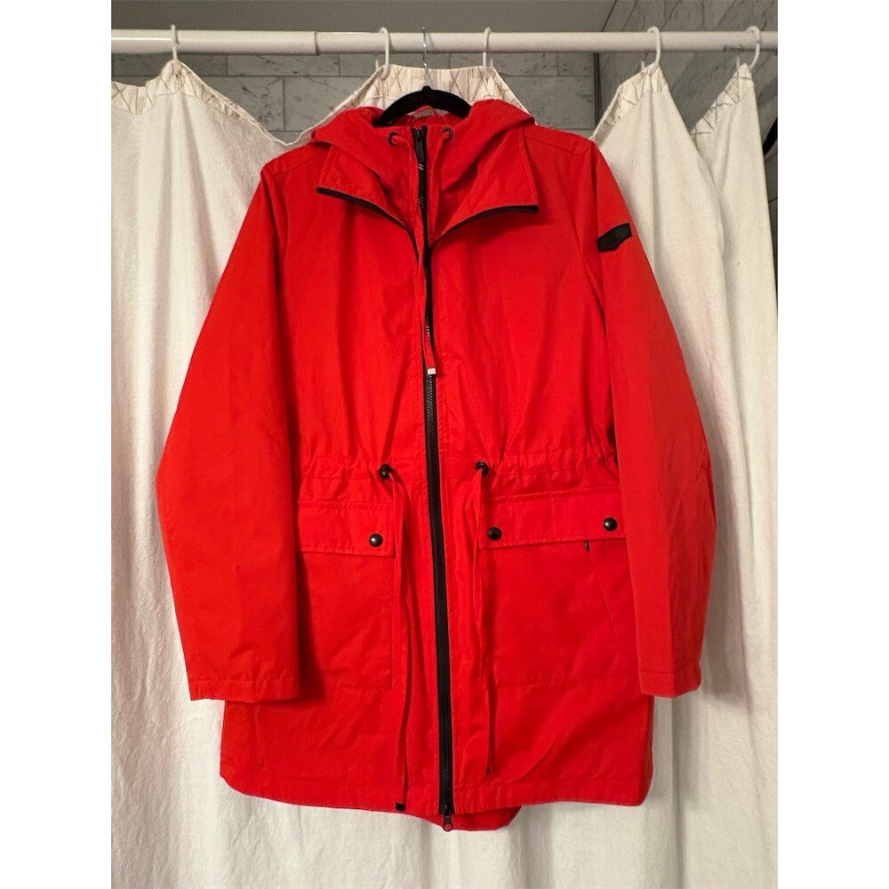Sam Edelman Raincoat Jacket Womens M Red Hooded Drawstring Waist Pockets